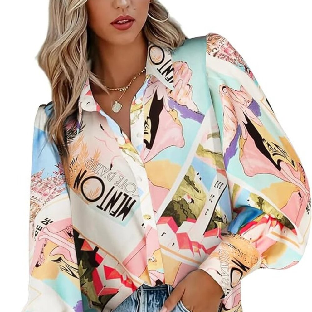 Button Down Printed Lantern Long Sleeve Blouse - image 2